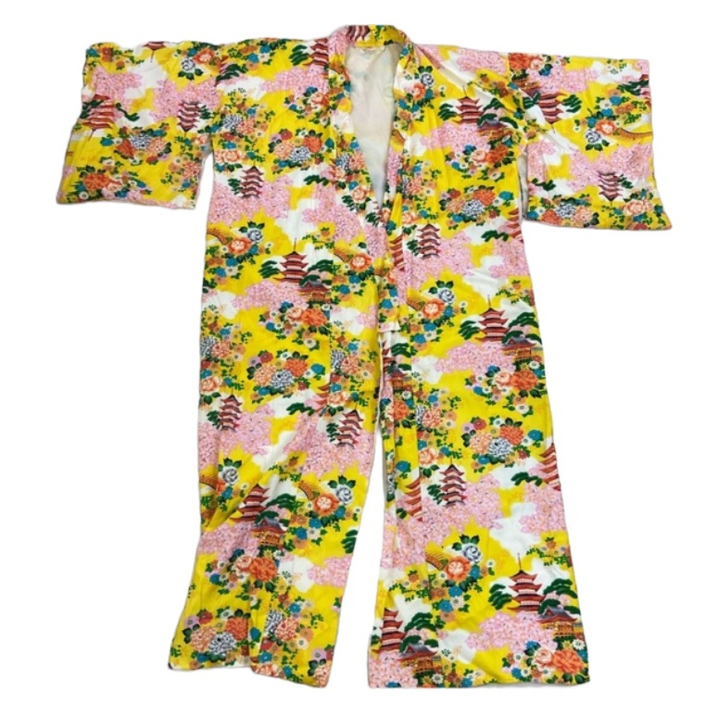 Vintage Japanese Yellow Kimono Robe cherry Blossom Sakura